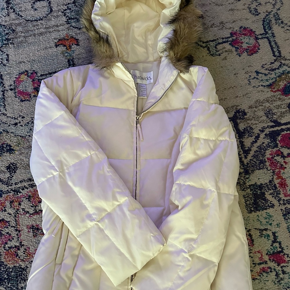 Cream Hooded Puffer Coat with Faux Fur Trim